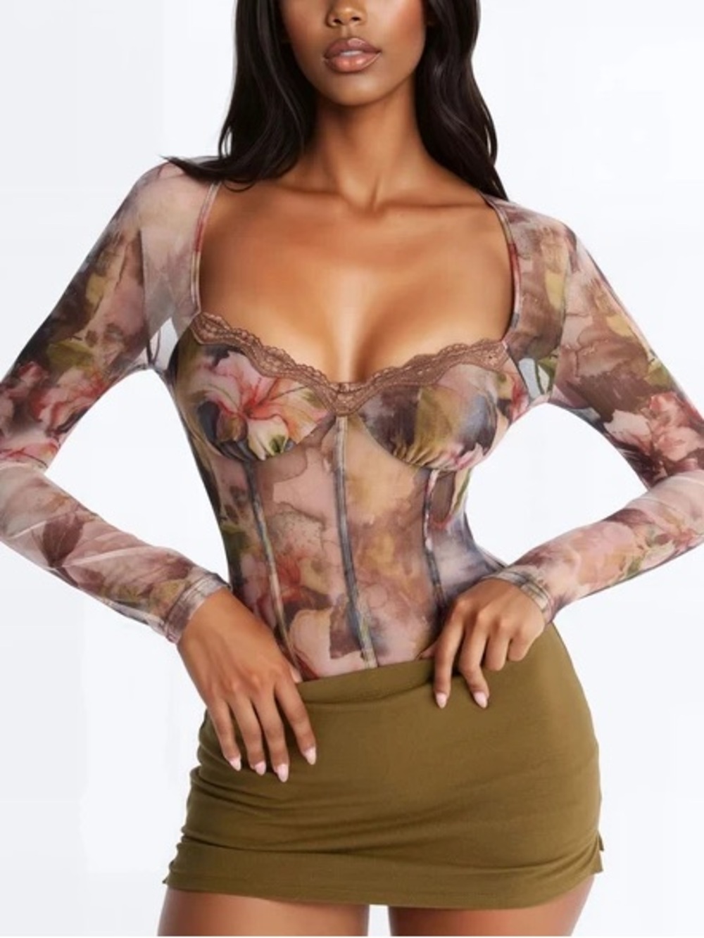 🌼FNOVA🌼 ‘Spring Fantasy’ Floral Mesh Long-Sleeve Bodysuit • Fall 🍂 Small • NWT 🤎